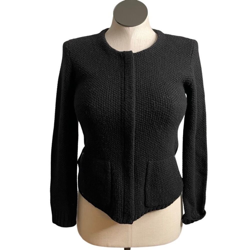 Eileen Fisher Womens Yak Wool Blend Bubble Stitch Cardigan XS Leather Trim